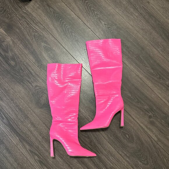 River Island Pink Croc Knee-High Boots - Picture 1 of 3